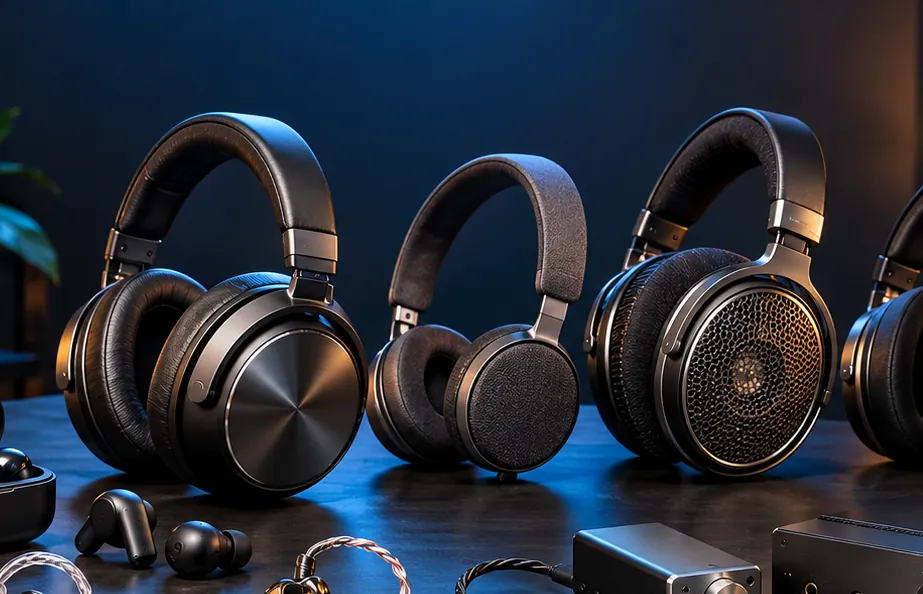 Over-ear and on-ear headphones in a premium listening setup.