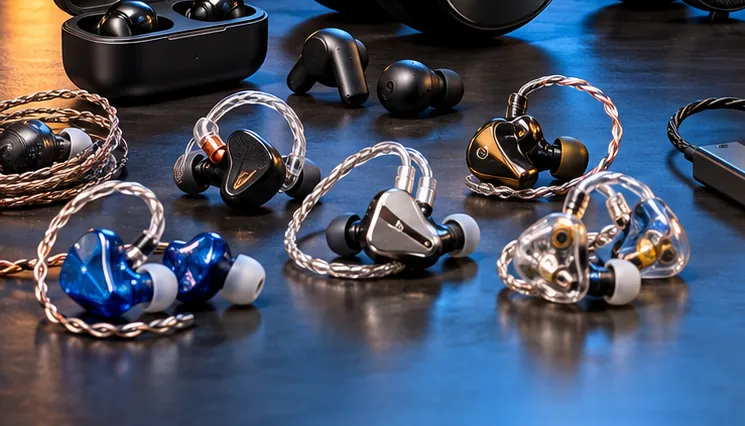 Premium wired IEMs shown in a real product setup.