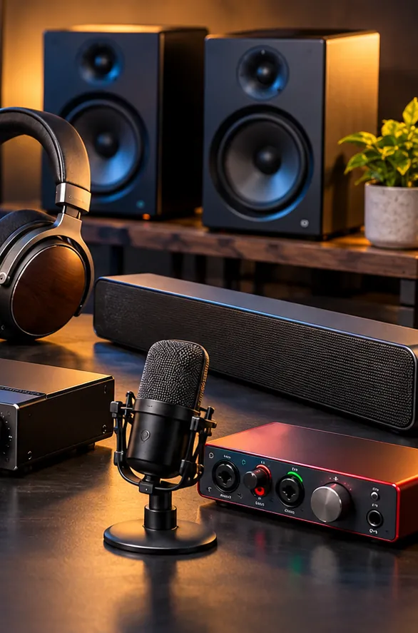 Real-world speakers, soundbar and recording equipment.