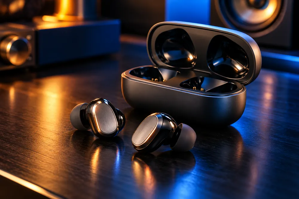 True wireless earbuds with charging case.