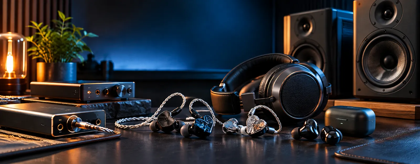 Premium audio setup with IEMs, headphones, DAC, amplifier and studio monitors