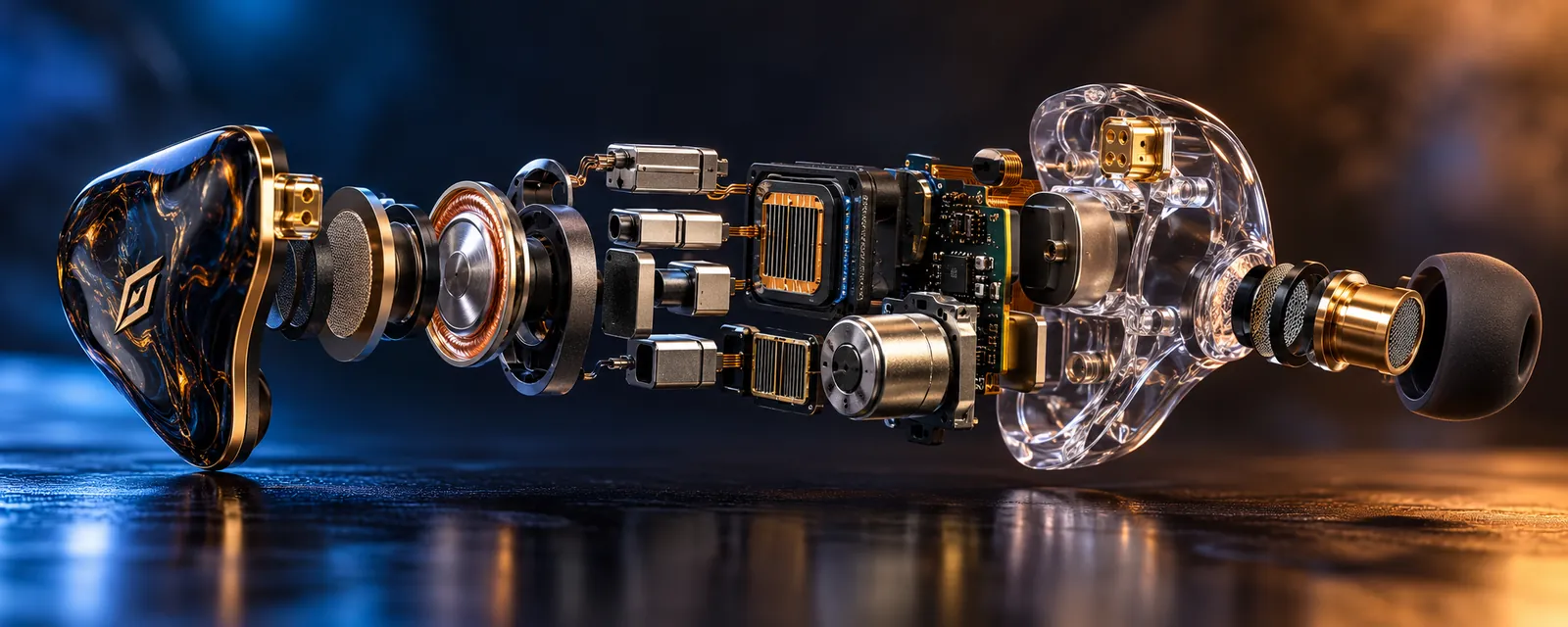 Photorealistic exploded view of an IEM showing internal driver modules and acoustic components